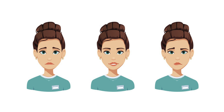 Emotions of a young girl: sadness, joy and embarrassment. Vector employee avatar with different emotions. Cute girl with dark hair and a blue T-shirt. Isolated vector Illustrations in cartoon style.