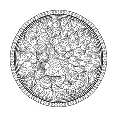 Hand drawn circle zendala with cat. Wallpaper Zentangle. Black and white illustration. Design for spiritual relaxation for adults. Hand drawn mandala with abstract patterns on isolation background