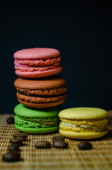 Colorful macarons cakes. Small French cakes. Sweet and colorful french macaroons.