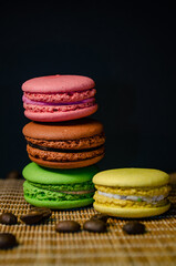 Colorful macarons cakes. Small French cakes. Sweet and colorful french macaroons.