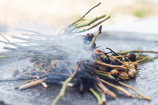burning harmala (also known as yuzarlik) on a sliver plate.