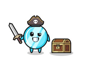 the mirror pirate character holding sword beside a treasure box