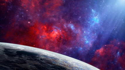 Space background. Colorful fractal nebula with planet. Elements furnished by NASA. 3D rendering