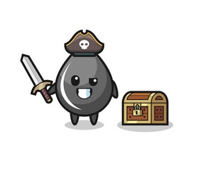 the oil drop pirate character holding sword beside a treasure box