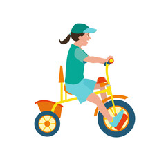 Flat happy kid on bicycle. Child riding colorful bike on white background. Girl kid outdoor bike sport. Vector illustration.