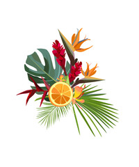 Tropical summer fruit bouquet with orange, palm monstera leaves and exotic flowers. Vector illustration.