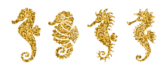 Set gold glitter cute seahorses. Beautiful spring, summer golden sequins silhouettes on white background. Icons different shapes wings and tails, for fashion, ornaments, tattoo. Vector illustration.