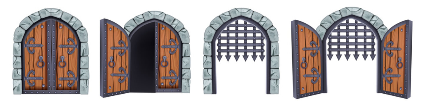 Castle gate vector medieval collection, open wooden ancient door, iron grate, stone arch isolated on white. Vintage city entrance, closed dungeon double entry. Game elements, castle gate illustration