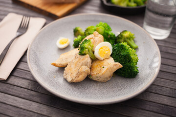 chicken breast with broccoli and quail eggs on plate for healthy dinner