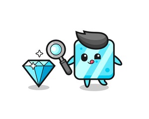 ice cube mascot is checking the authenticity of a diamond