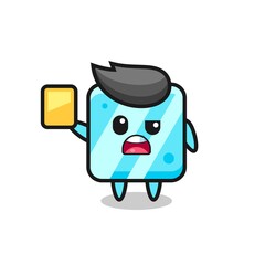cartoon ice cube character as a football referee giving a yellow card
