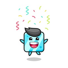 happy ice cube mascot jumping for congratulation with colour confetti