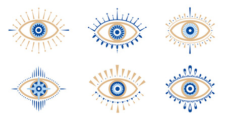 Evil Eye icons, magical eye, boho vectors isolated on white