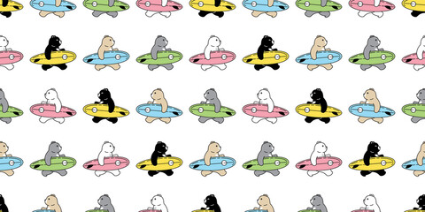 Obraz premium Bear seamless pattern polar surfboard vector beach swimming sport teddy cartoon doodle scarf isolated tile background repeat wallpaper illustration design