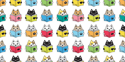 cat seamless pattern kitten vector calico reading book pet scarf isolated repeat background cartoon doodle animal tile wallpaper illustration design
