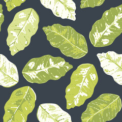 Vector Wild Lime Green Dieffenbachia Leaves on Ink Blue seamless pattern background. Perfect for fabric, scrapbooking and wallpaper projects.