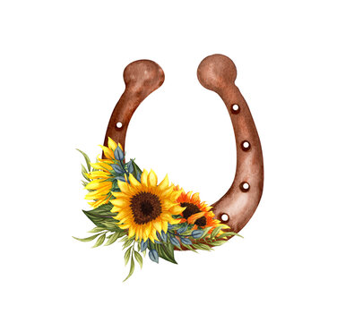 Watercolor sunflower bouquet. Cowboy horseshoe and sunflowers. Farmhouse rustic clipart isolated on white background