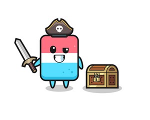 the eraser pirate character holding sword beside a treasure box