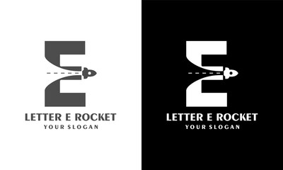 Ilustration vector graphic of Letter E template logo with rocket launch symbol. Negative space design trends.