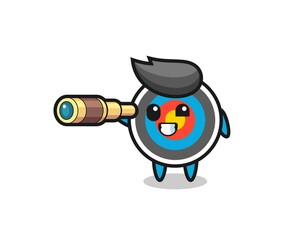 cute target archery character is holding an old telescope