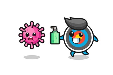 illustration of target archery character chasing evil virus with hand sanitizer