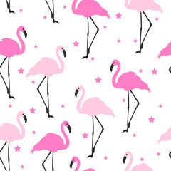 Flamingo seamless pattern on stars background. Pink flamingo vector background design for fabric and decor.