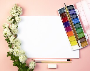 School album on a pink background. White flowers. Flowers on a white album, on a pink background. paints, brush, white sketchbook. Flat lay. Back to school. School learning concept. Copy space.