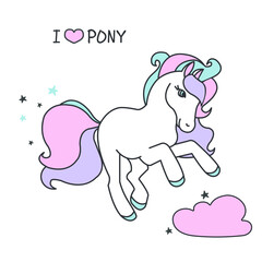 Vector cartoon cute pony with  stars, greeting card. I love pony.