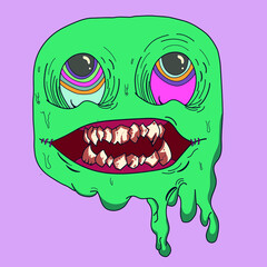 melting monster face with colorful eyes
