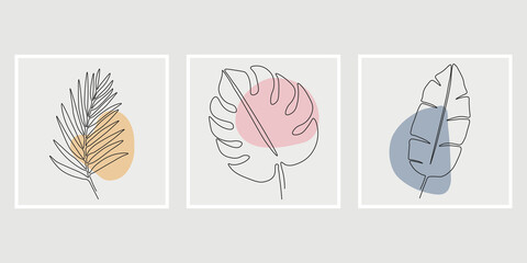 One line drawing of tropical palm leaves. Modern single line art. Abstract Plant Art design for print, cover, wallpaper, Minimal and natural wall art.