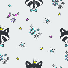 Prince of raccoon. Children's seamless pattern with raccoons and flowers
Baby vector illustration.