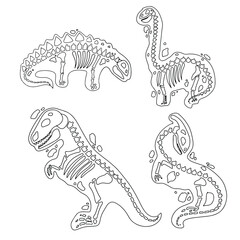 Set Dinosaur skeleton in cartoon style. The bones of a prehistoric animal. Archeology. Black and white Vector illustration isolated on white background.