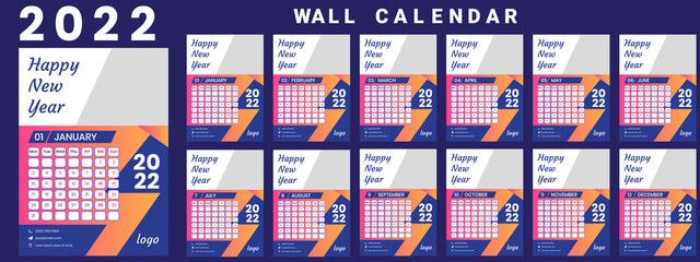 Wall Calendar 2022, Minimal Wall Calendar for 2022, Business Template, Wall calendar design template for 2022, Vector Illustration
