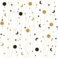 A seamless pattern with golden and black stars, months and planets. Night sky cartoon star and moon.