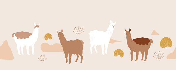 Cute lama. Seamless pattern with alpaca, abstract hills, grass, domestic animals. Vector illustration for packaging, textile, wallpaper. Natural brown colors. Desert landscape.