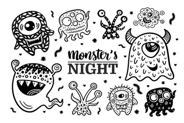 Set 6 with black and white hand drawn monsters night Halloween illustrations. Vector doodle elements and lettering