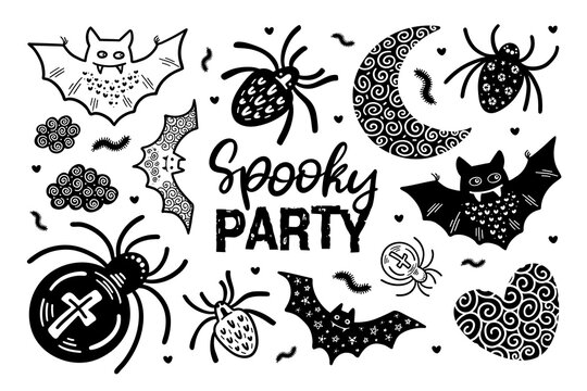 Set 5 with black and white hand drawn spooky party Halloween illustrations. Vector doodle elements and lettering