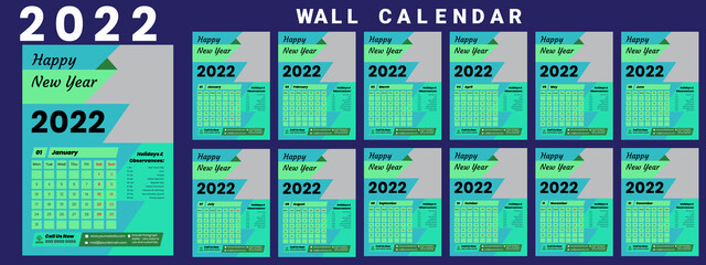 Wall Calendar 2022, Minimal Wall Calendar for 2022, Business Template, Wall calendar design template for 2022, Vector Illustration

