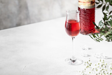 Berry alcoholic cocktail liqueur, vodka, ice and mint. Refreshing cool drink, berry liqueur or red alcoholic cocktail.