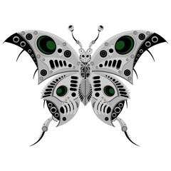 Robot butterfly in metal steampunk style. Cyborg insect on a white background.