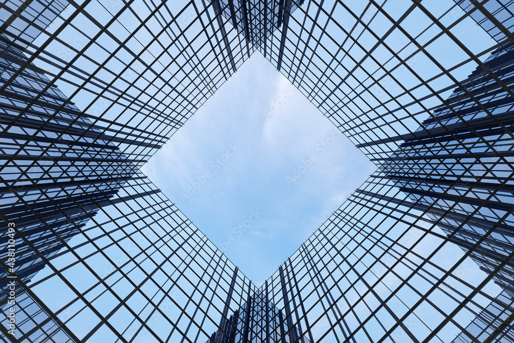 Poster low angle view of futuristic architecture, skyscraper of corporate office building with glass window