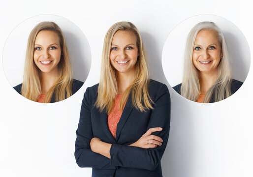  Image of attractive elegant blonde woman standing at different ages