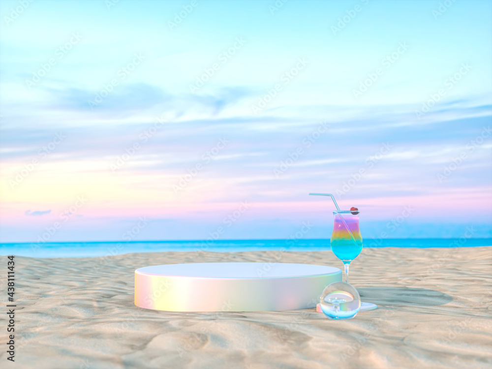 Poster abstract summer beach scene with a podium background. 3d rendering.