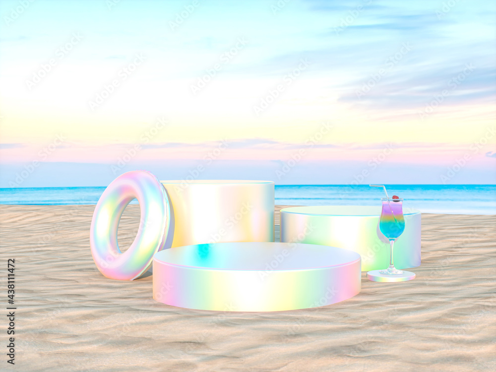Leinwandbilder abstract summer beach scene with a podium background. 3d rendering.