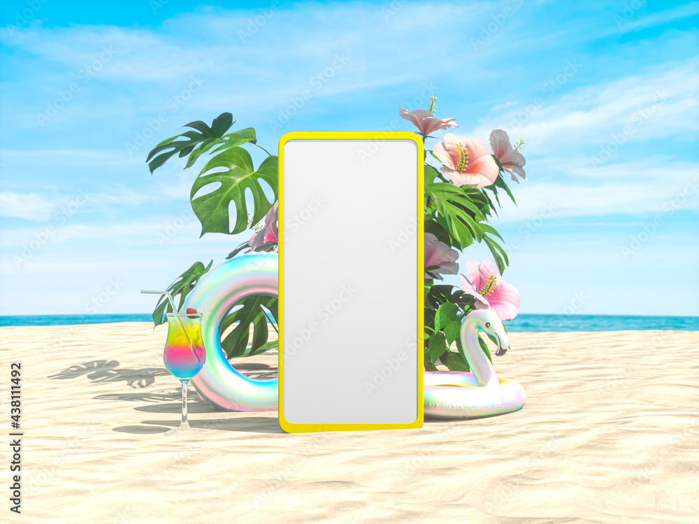 Fototapete abstract summer beach scene with mobile phone mockup background. 3d rendering.