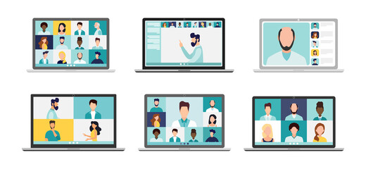 Conference video call, remote project management, quarantine, working from home. The set is illustrative.