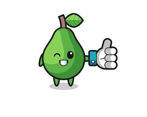 cute avocado with social media thumbs up symbol