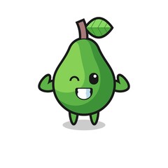 the muscular avocado character is posing showing his muscles