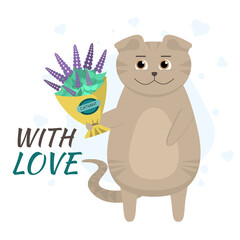 Vector illustration with a fold cat and a bouquet of flowers. A cute brown cat gives a catnip bouquet with love. Flat illustration.