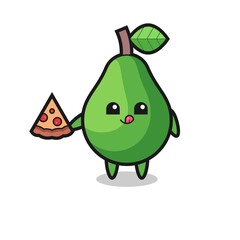 cute avocado cartoon eating pizza